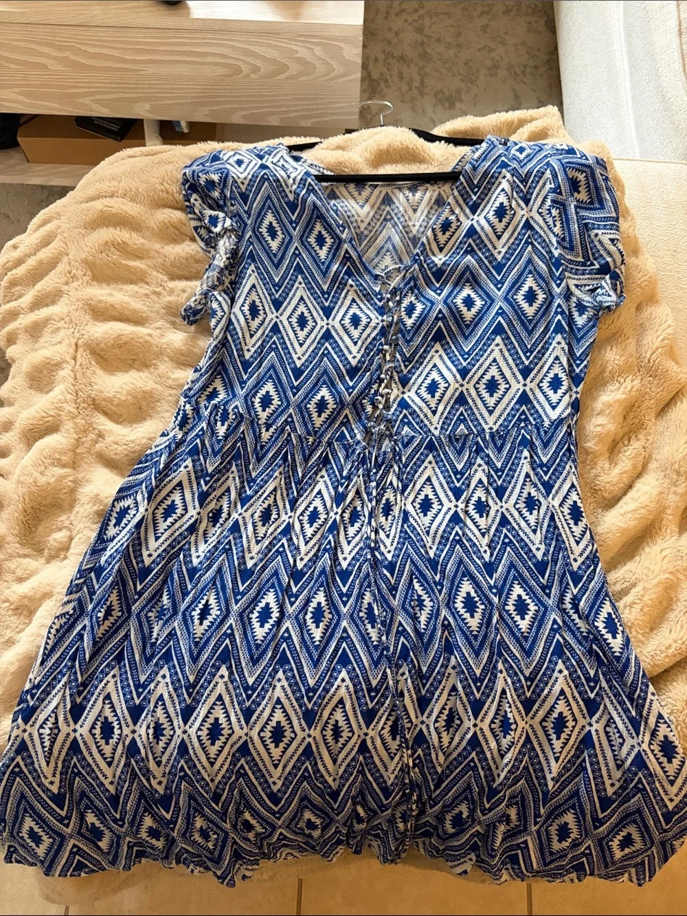 Divided Blue and White Geometric Mini Dress